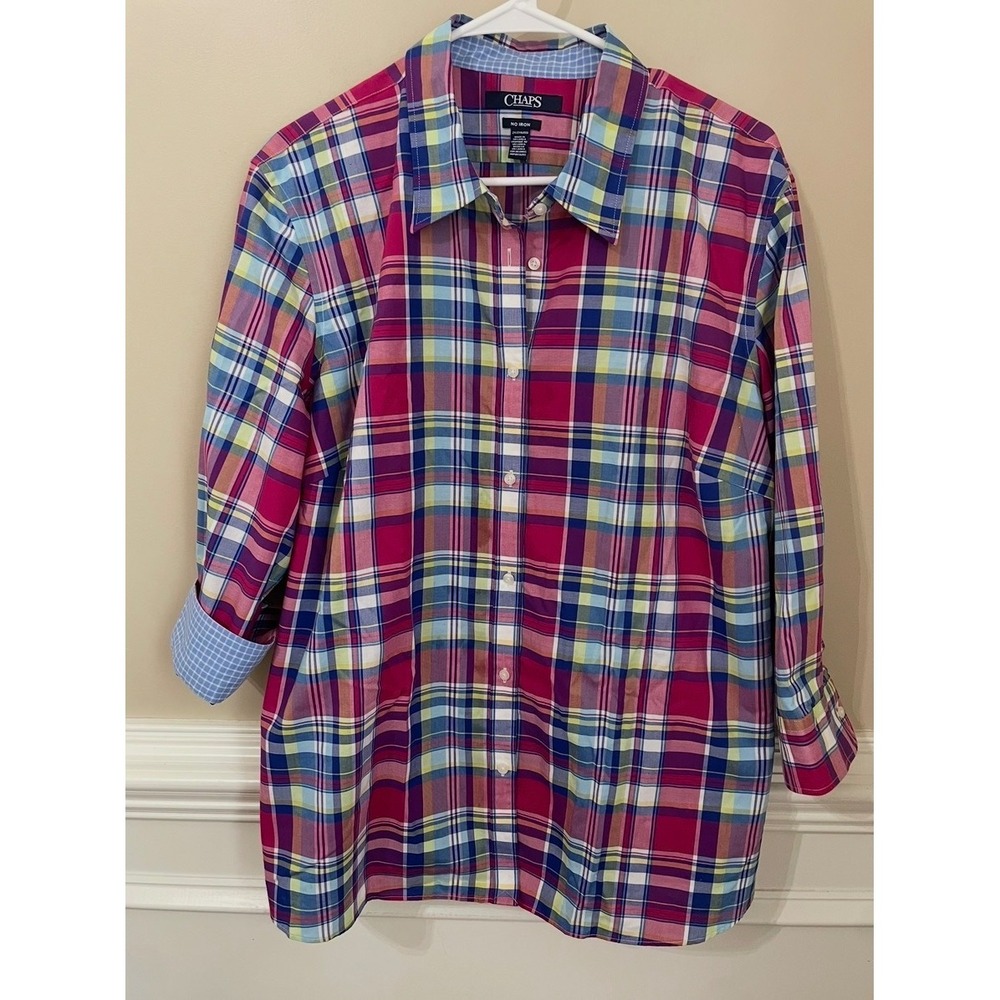 Chaps Womens 2X Plaid Button Down Shirt No Iron Pink Blue Multi Color Blouse